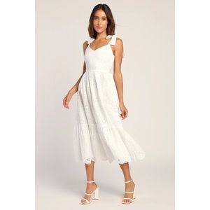 Lulu's Perfect Vacation White Eyelet Embroidery Tie-Shoulder Midi Dress